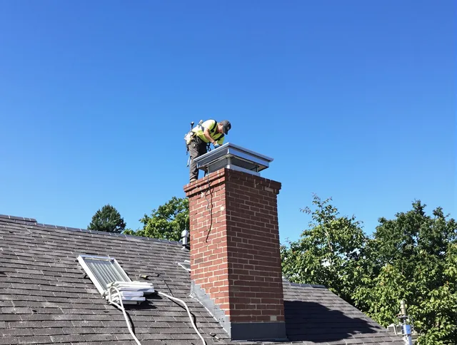 Strongsville Chimney Sweep technician measuring a chimney cap in Strongsville, OH